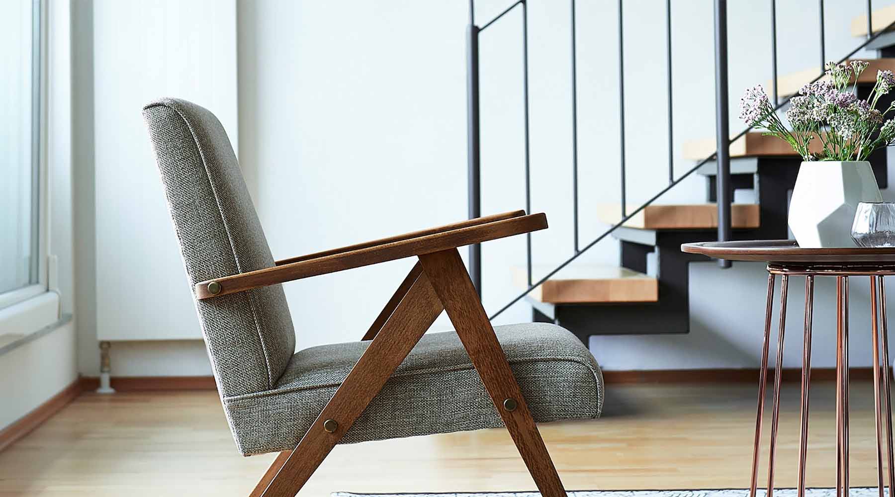 Wooden Armchair with Grey Upholstery