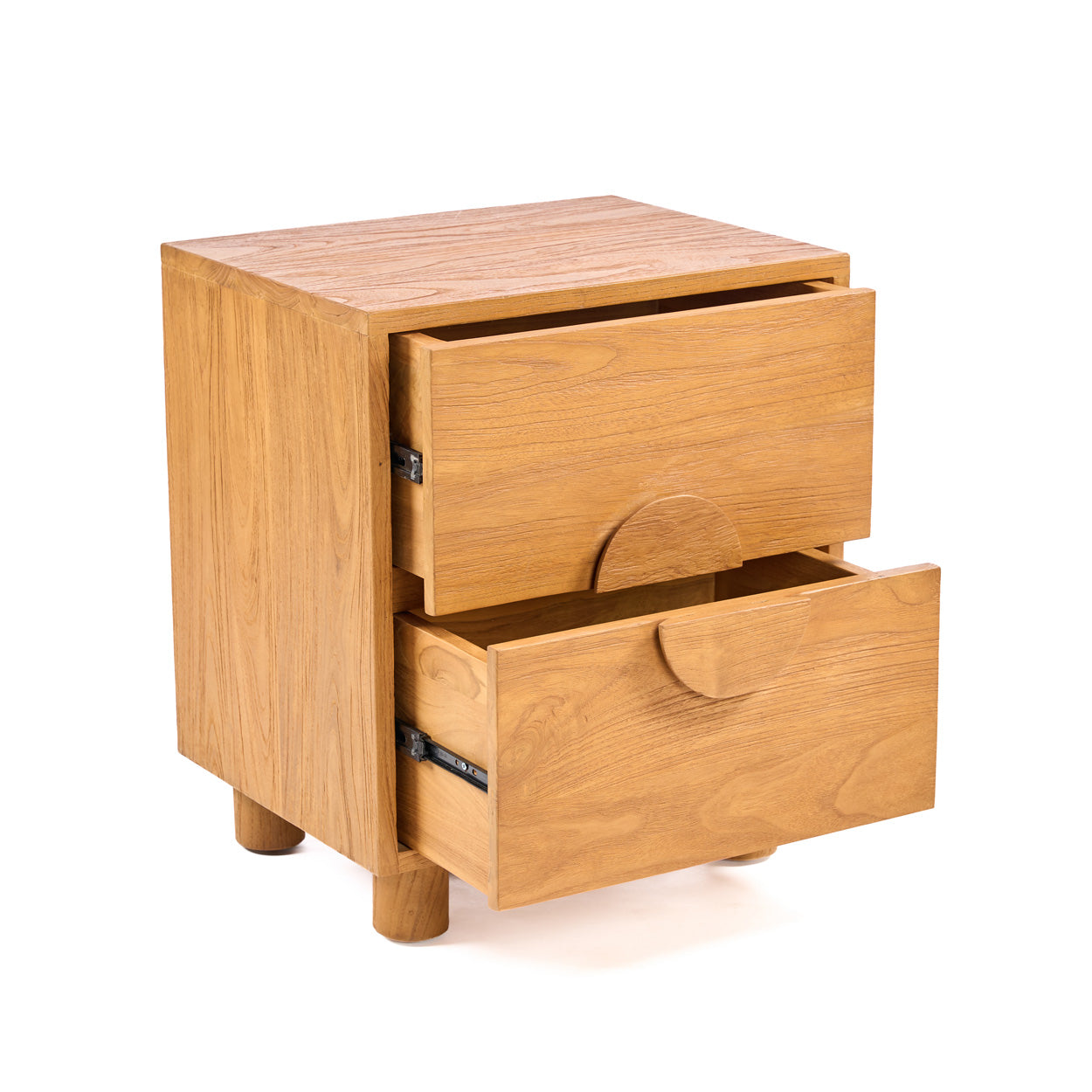 Wooden The Eclipse Nightstand - Natural with two opened drawers on a white background