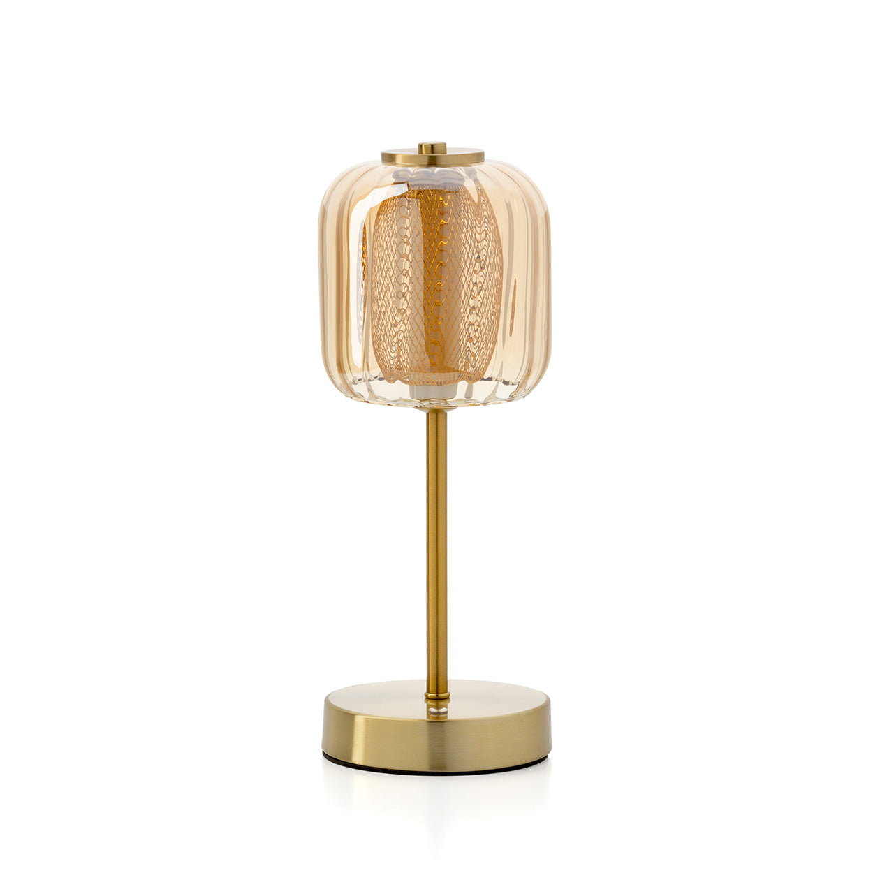 Decorative table lamp with gold base on a white background