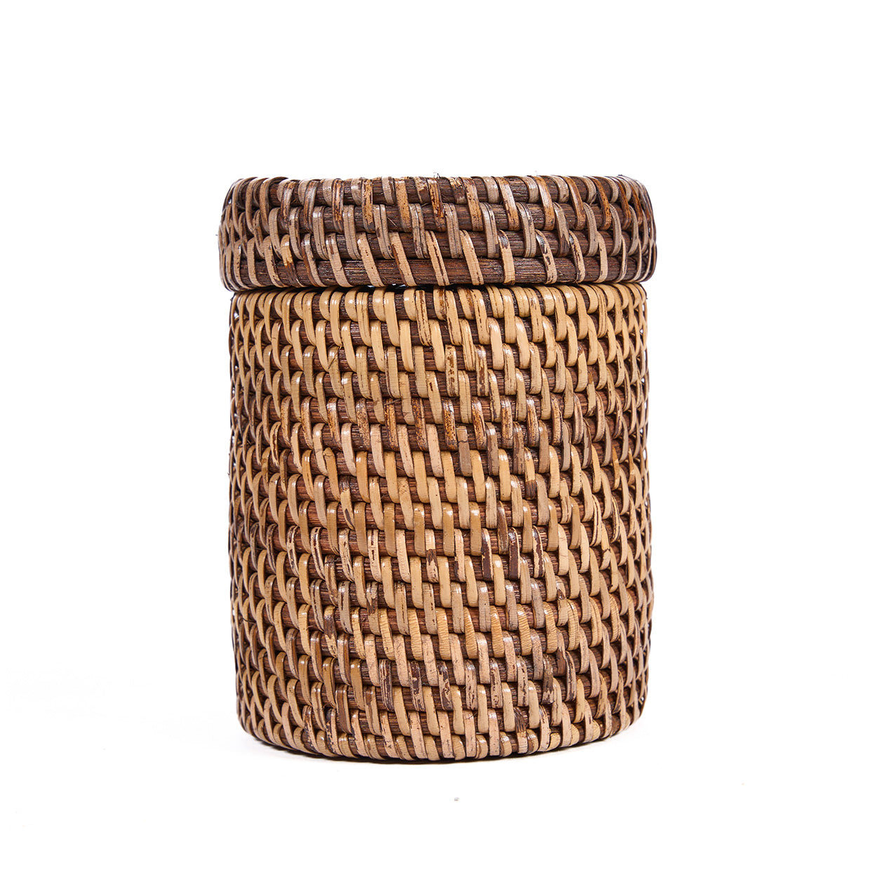 Rattan basket with lid on a white background