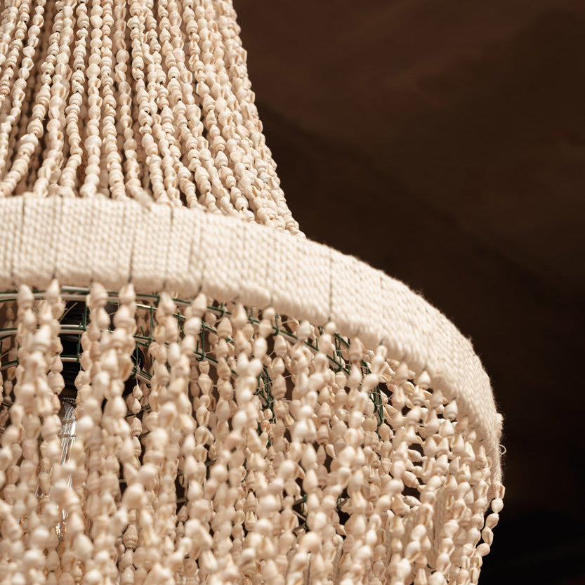 Close-up of a textured beige lampshade with a dark background