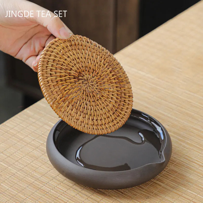 Vassoio da tè in rattan intrecciato a mano