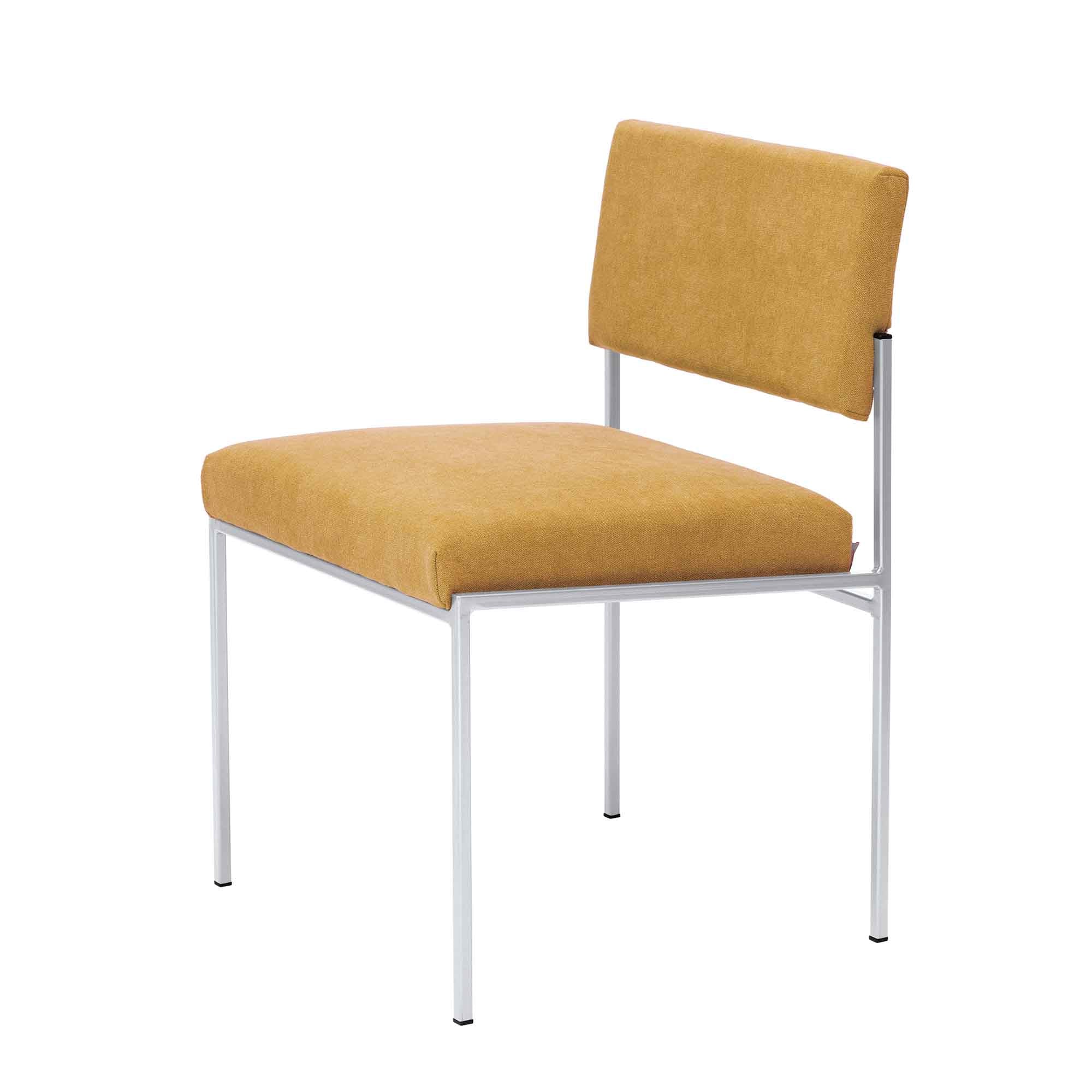 Chair, Powder-Coated Steel Frame yellow fabric, half-side view, white frame