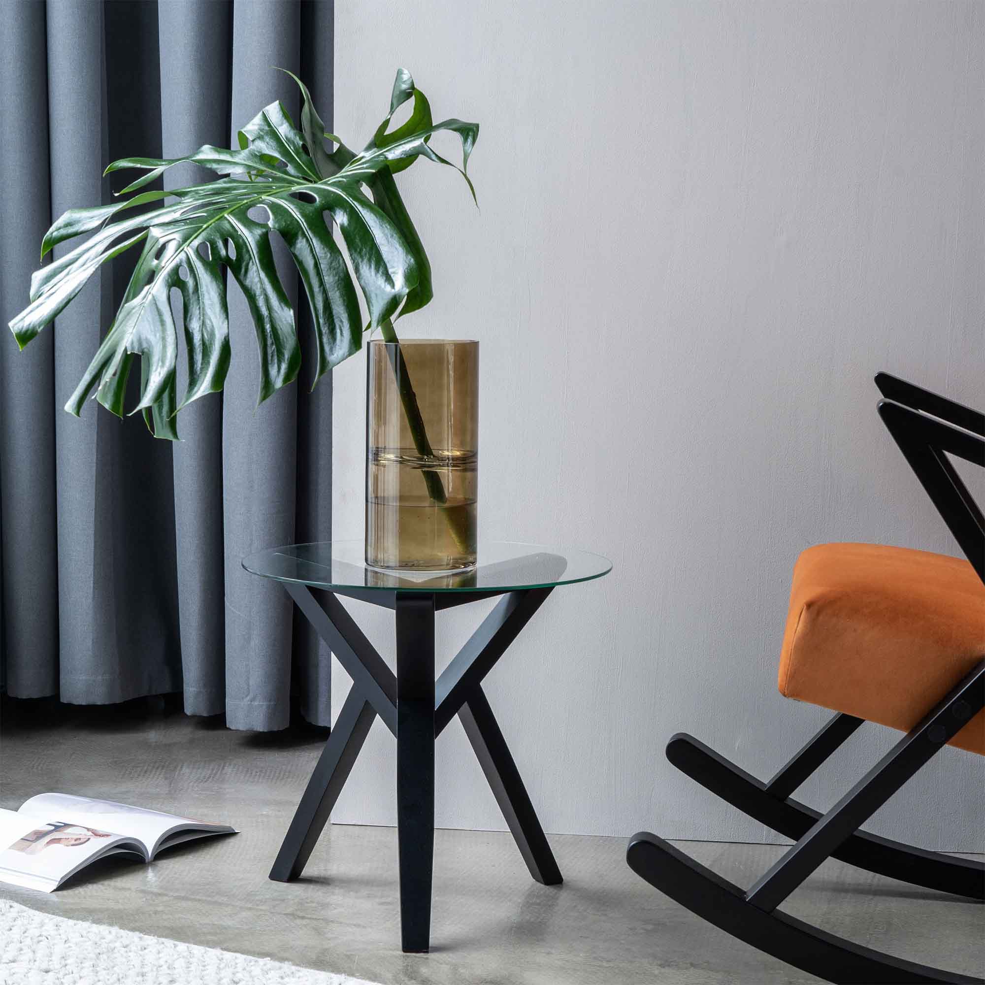 Side Table, Beech Wood Frame, Black Lacquered interior front view, with flower vase on the top of table
