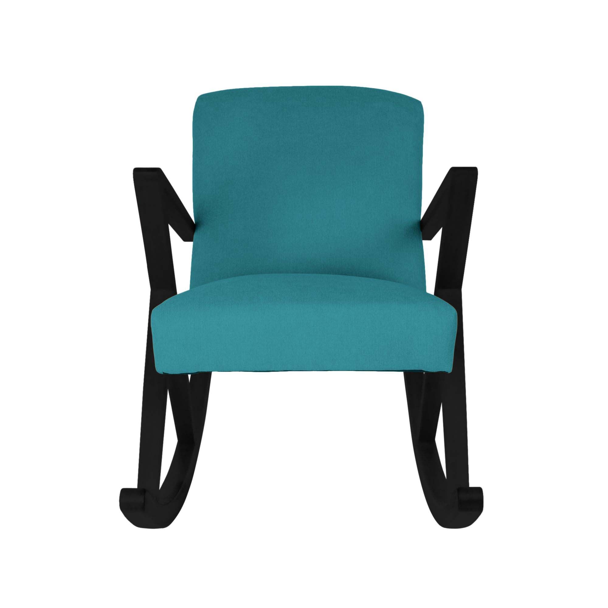 Rocking Chair, Beech Wood Frame, Black Lacquered blue fabric, front view