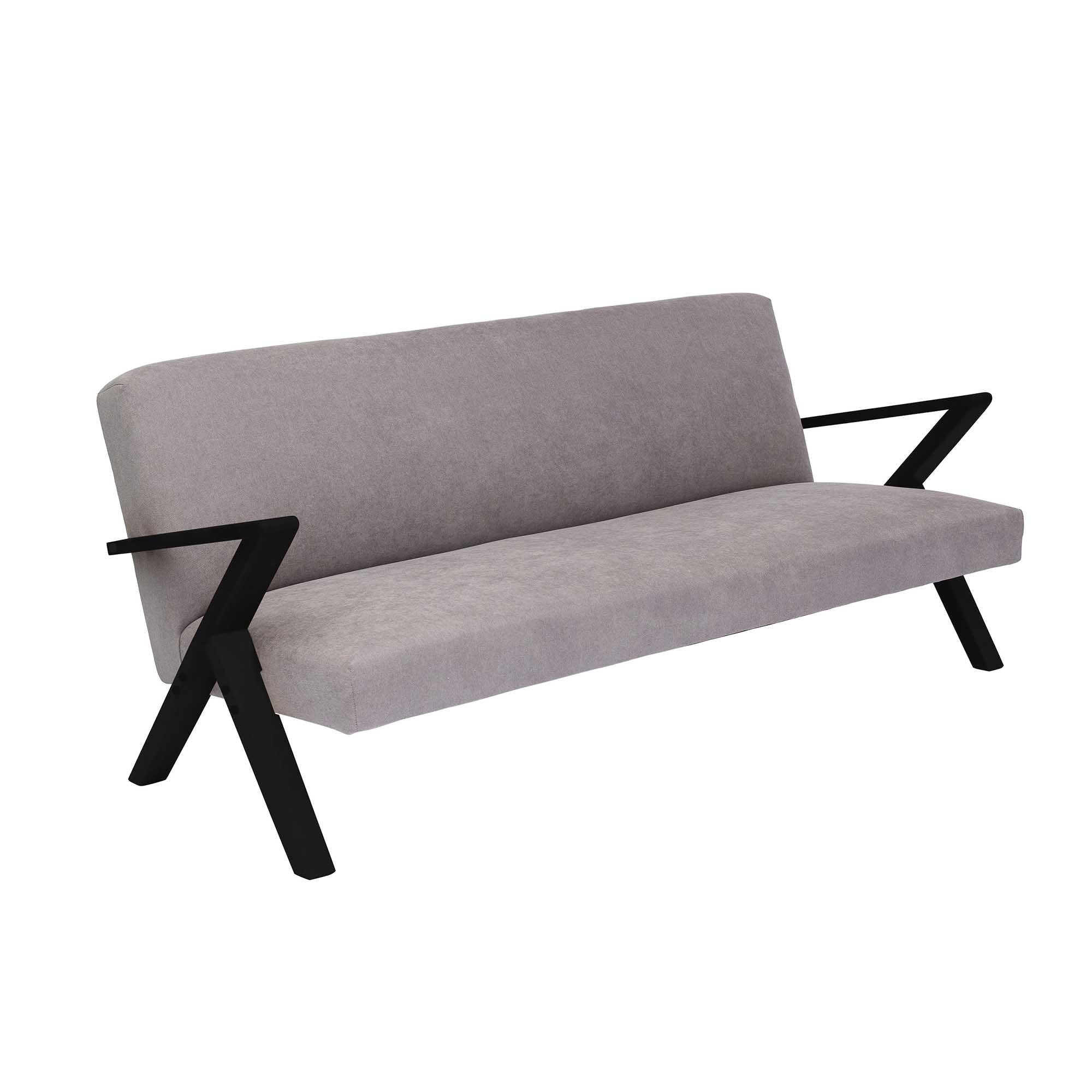 4-seater Sofa Beech Wood Frame, Black Lacquered grey fabric, half-side view