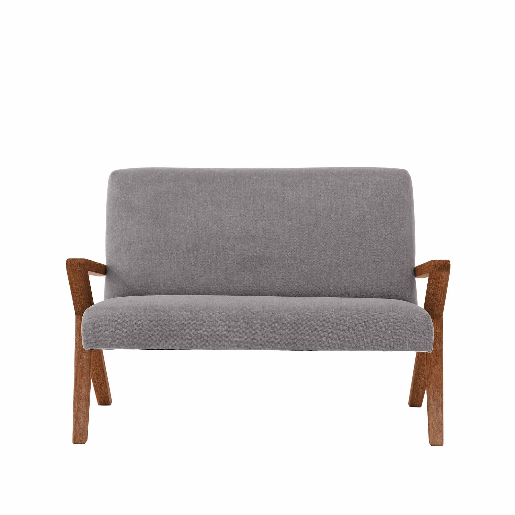 2 Seater Sofa, Beech Wood Frame, Walnut Colour grey upholstery, front view