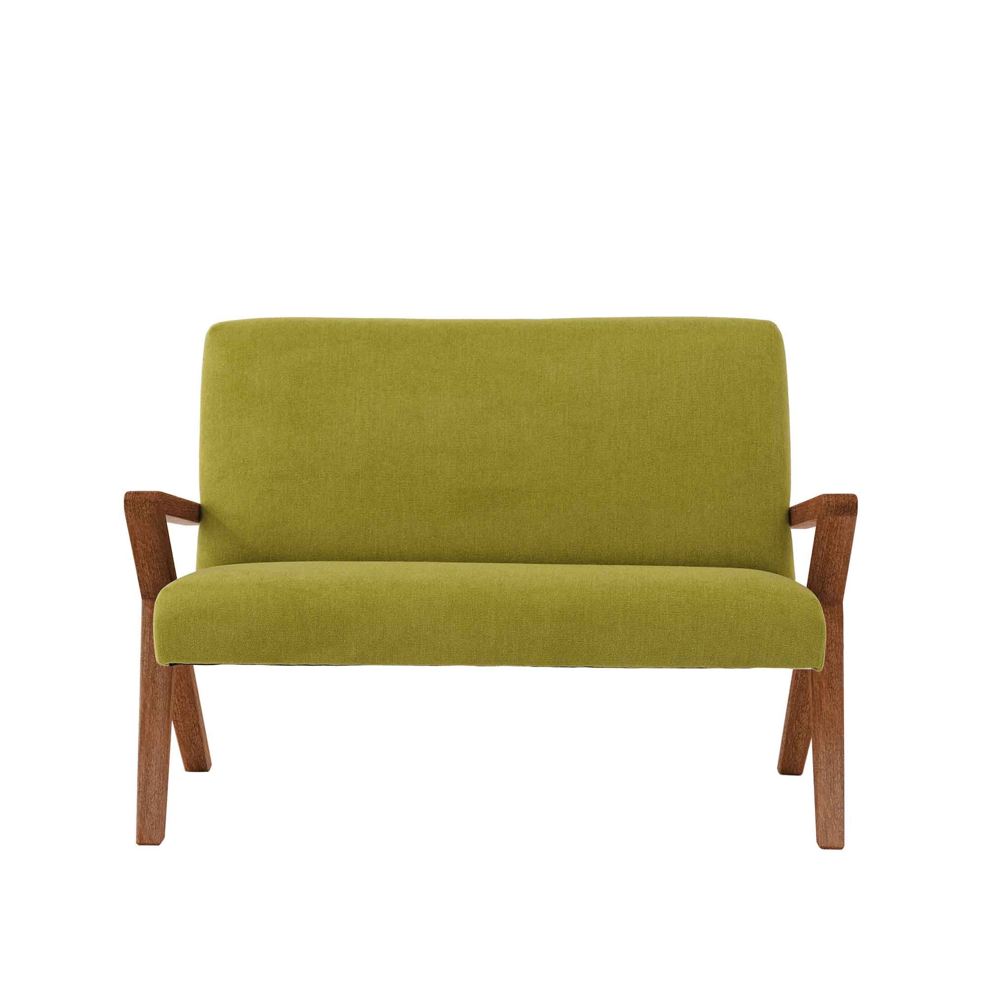 2 Seater Sofa, Beech Wood Frame, Walnut Colour green upholstery, front view