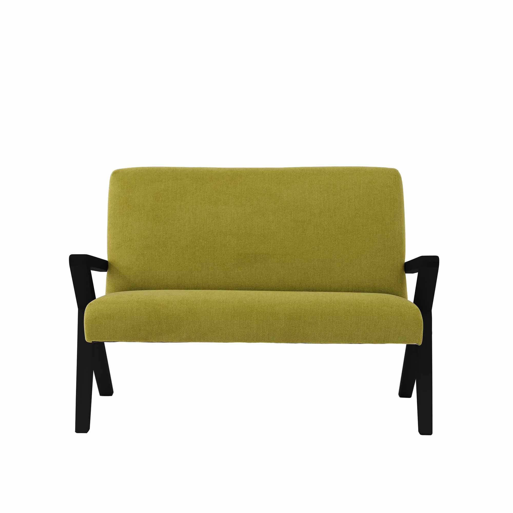 2-Seater Sofa, Beech Wood Frame, Black Lacquered green fabric, front view