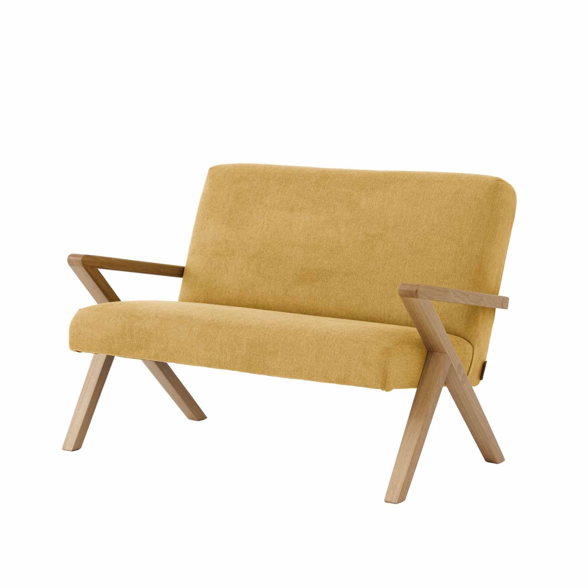 2-Seater Sofa, Oak Wood Frame, Natural yellow fabric, half-side view