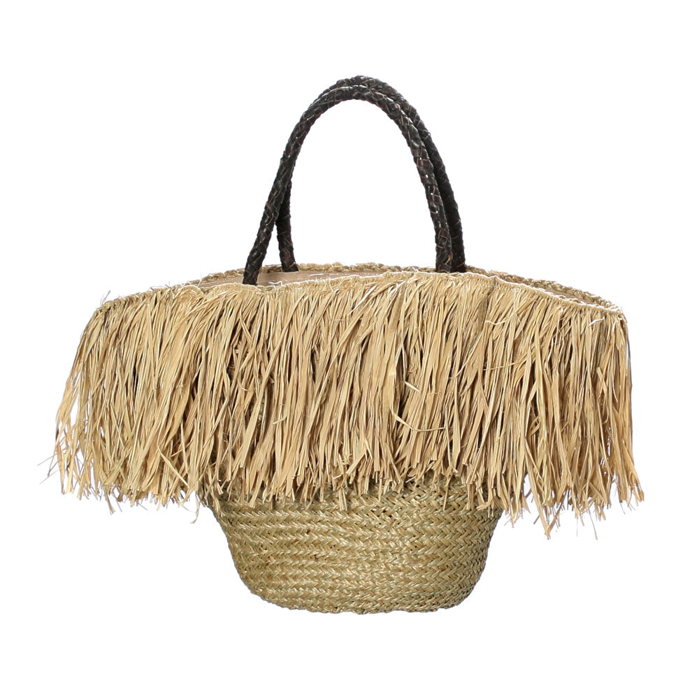 THE FRINGE RAFFIA Baschetto con impugnatura in pelle - Naturale