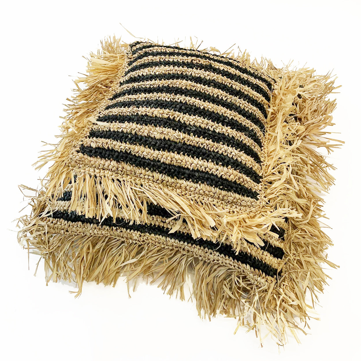 THE RAFFIA STRIPED COTTON Cushion Cover Natural-Black front set view