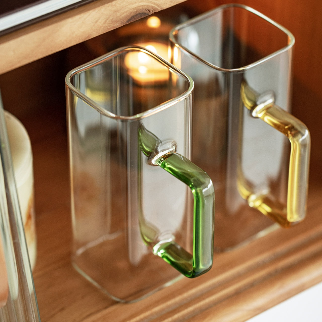 Square Glass Mug With Colourful Handle both