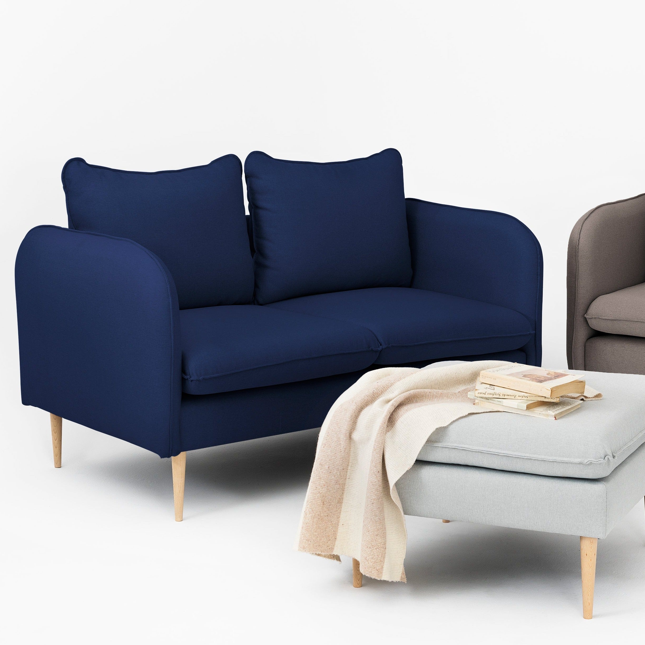 POSH WOOD Sofa 2 Seaters upholstery colour blue and grey pouffe