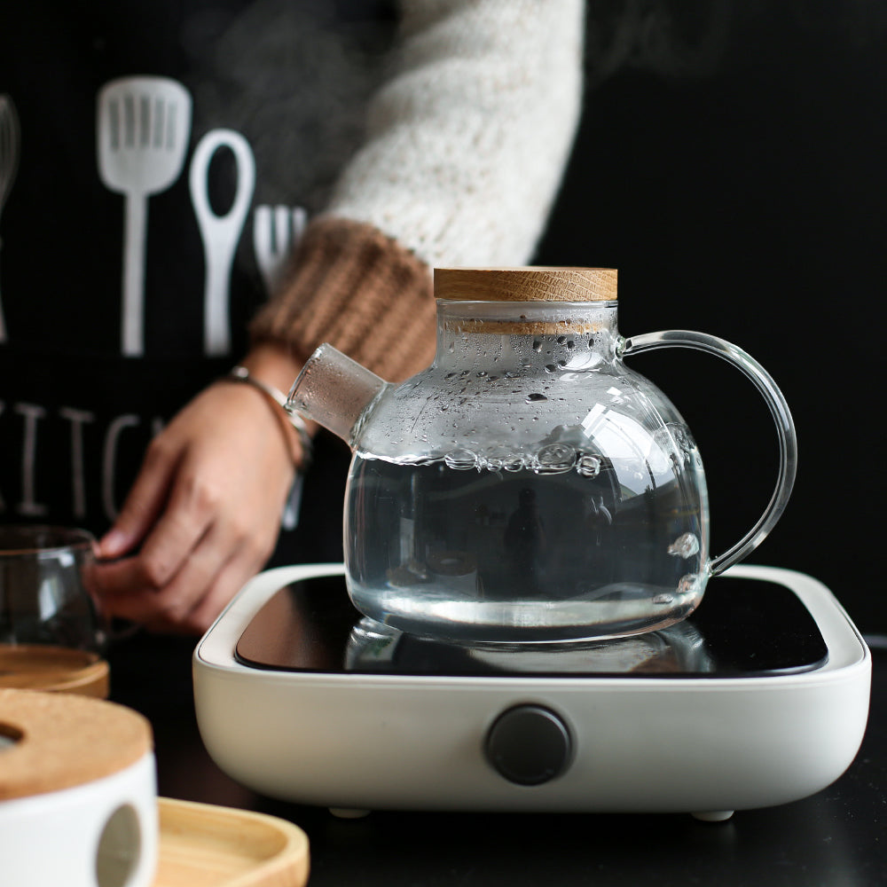 Teiera in vetro resistente al calore con coperchio in legno