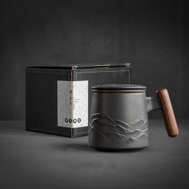 Tazza da caffè retrò in ceramica con manico in legno