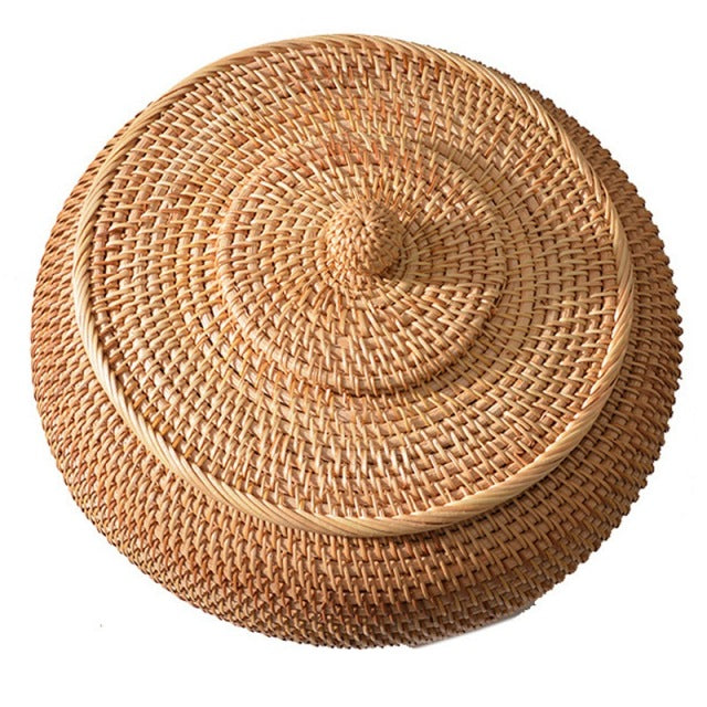 Scatole rotonde in rattan con coperchio intrecciate a mano