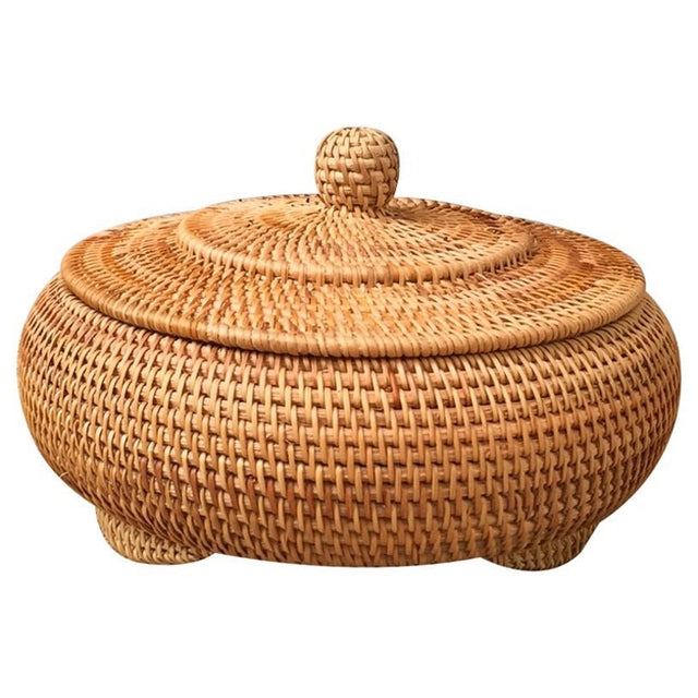 Scatole rotonde in rattan con coperchio intrecciate a mano