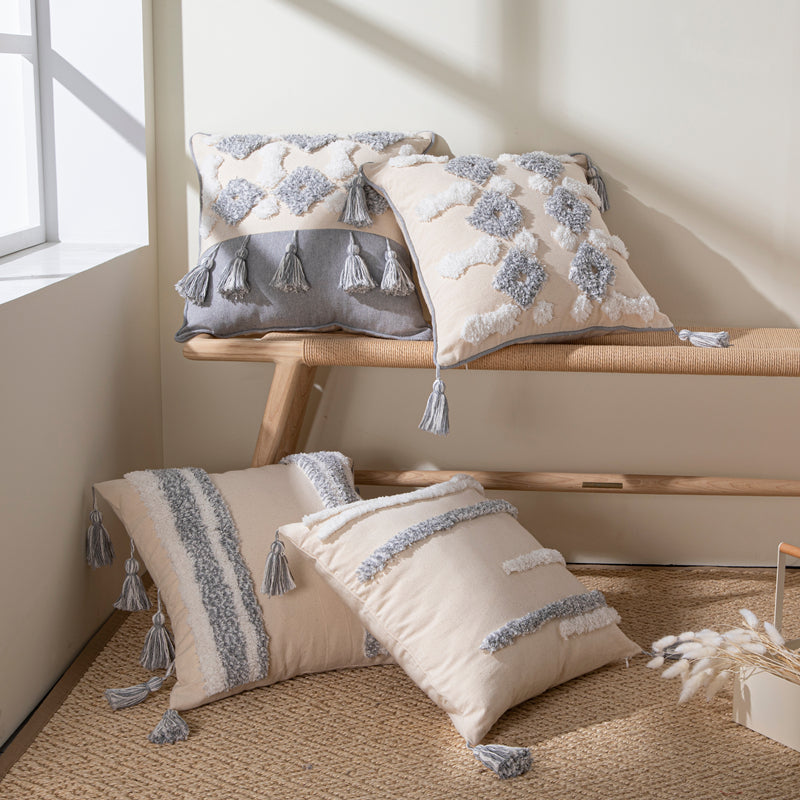 DURABLE GREY Copricuscino in cotone e lino con nappe