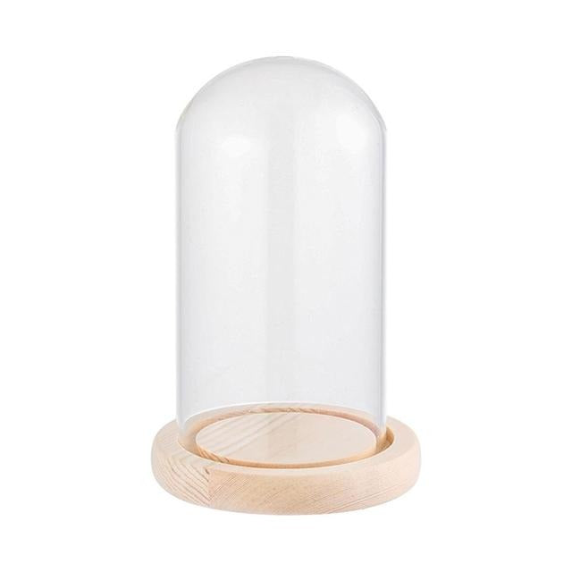 Vaso per fiori in vetro con base in legno