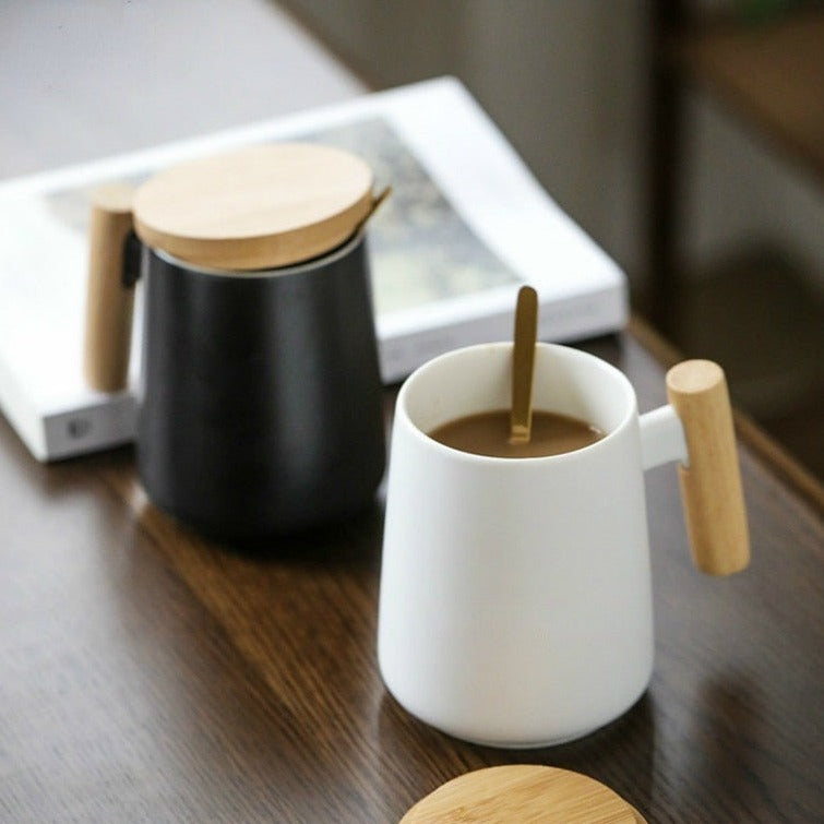 Tazza da caffè in ceramica stile nordico con manico in legno