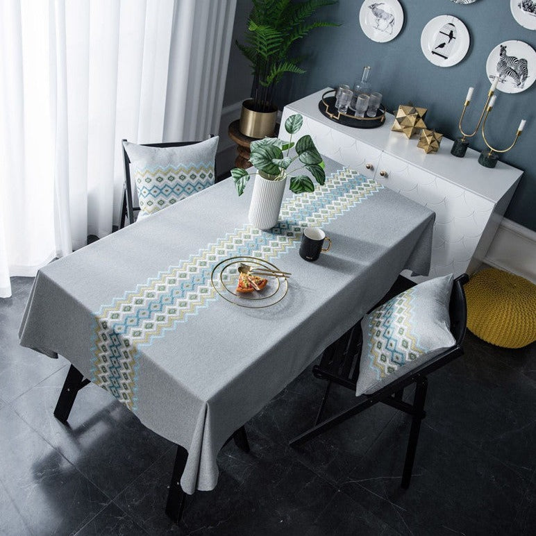Tovaglia impermeabile ricamata geometrica in lino nordico