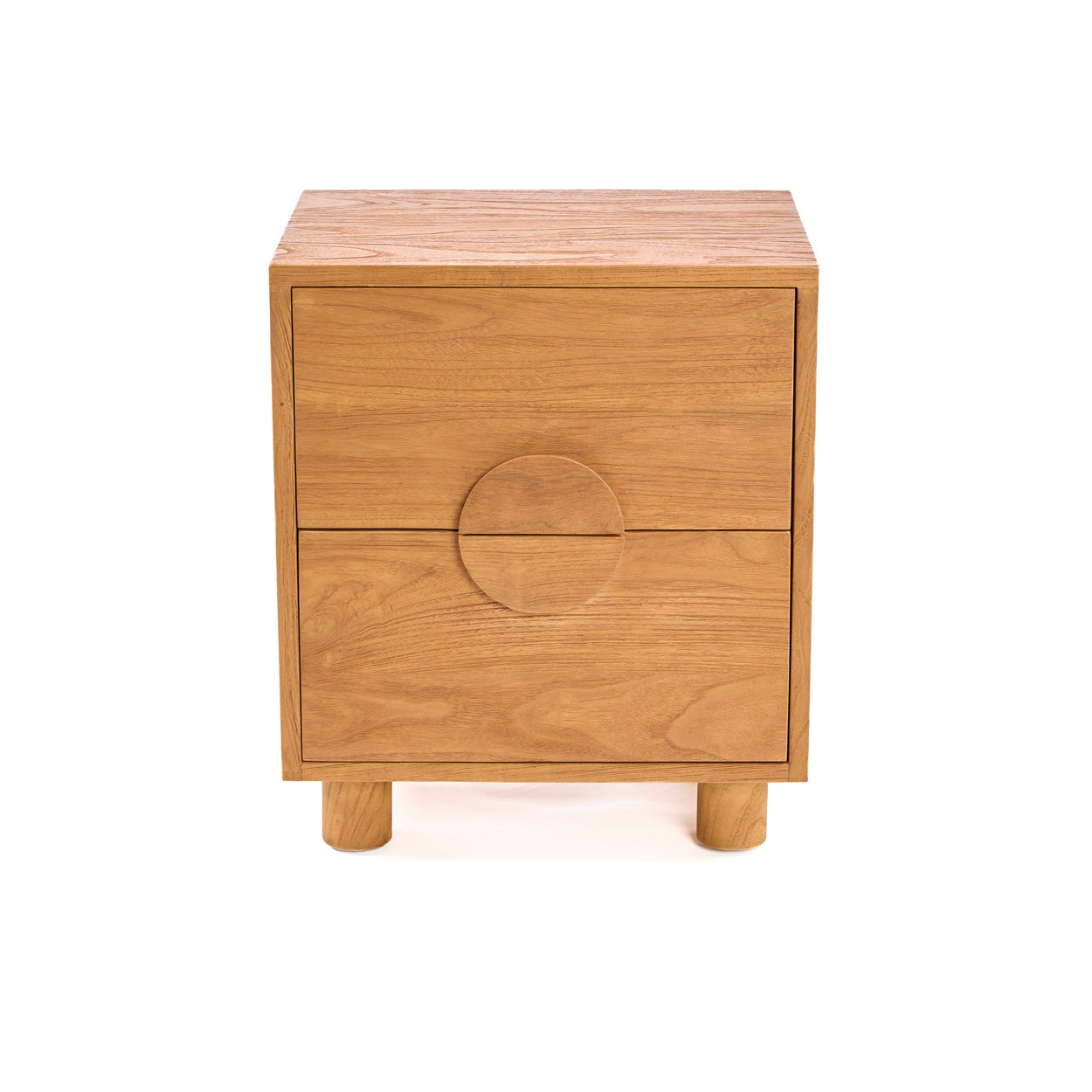 Wooden The Eclipse Nightstand - Natural with a circular design on a white background