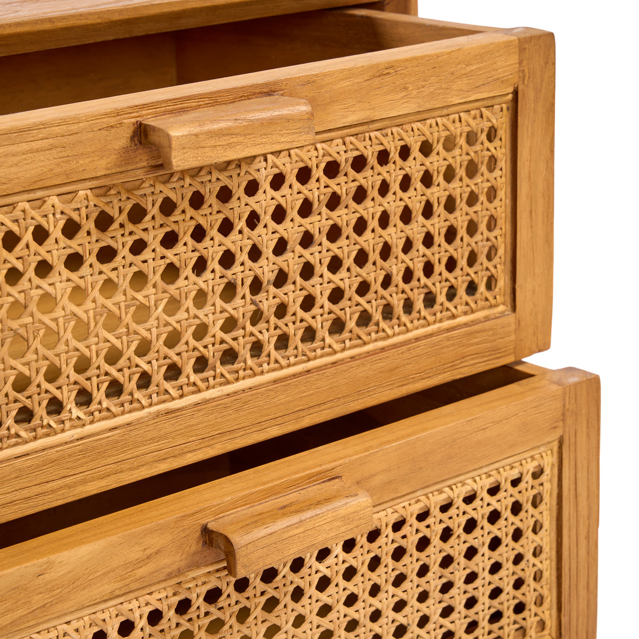 Wooden drawers of a nightstand on a white background