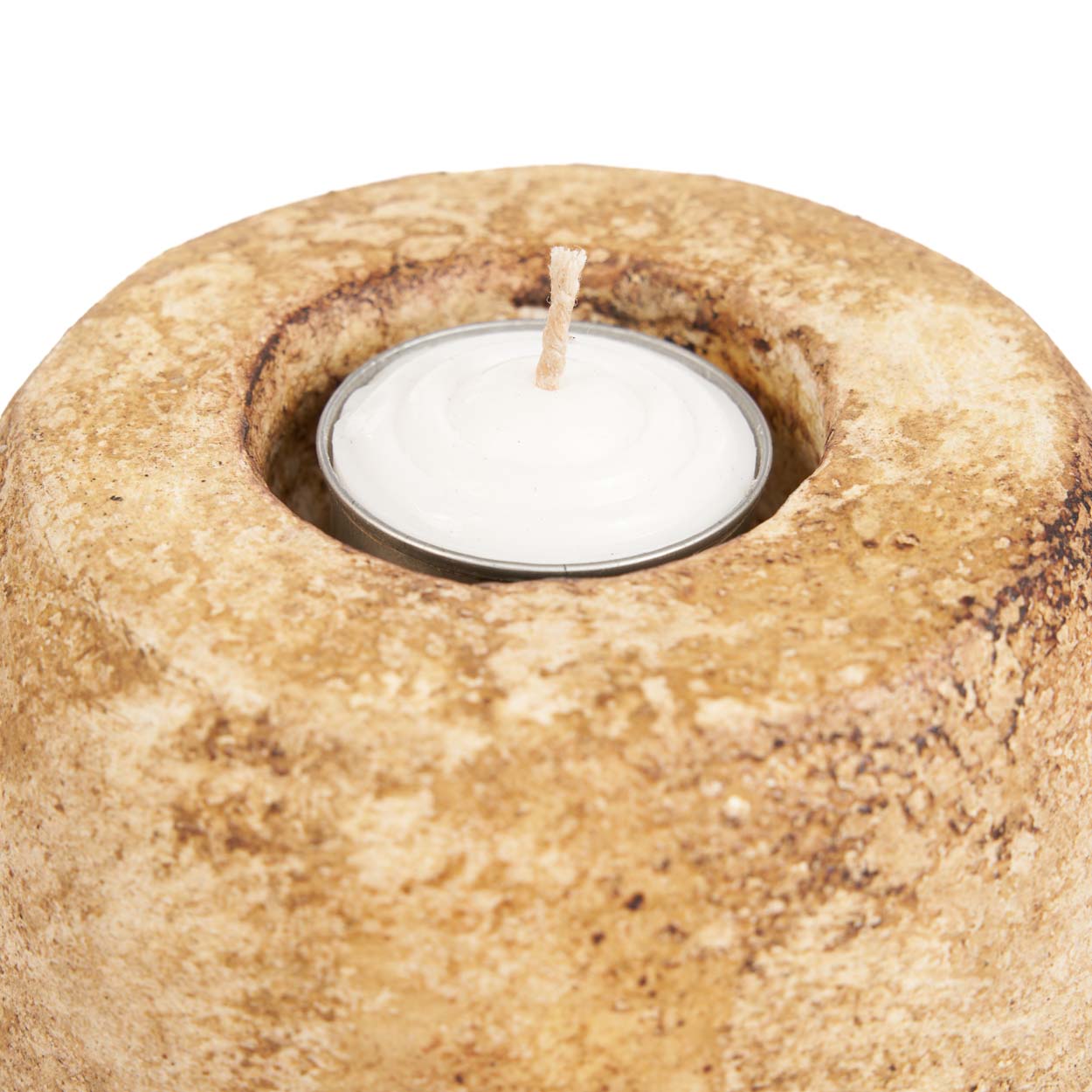Tealight candle in a rustic candle holder on a white background