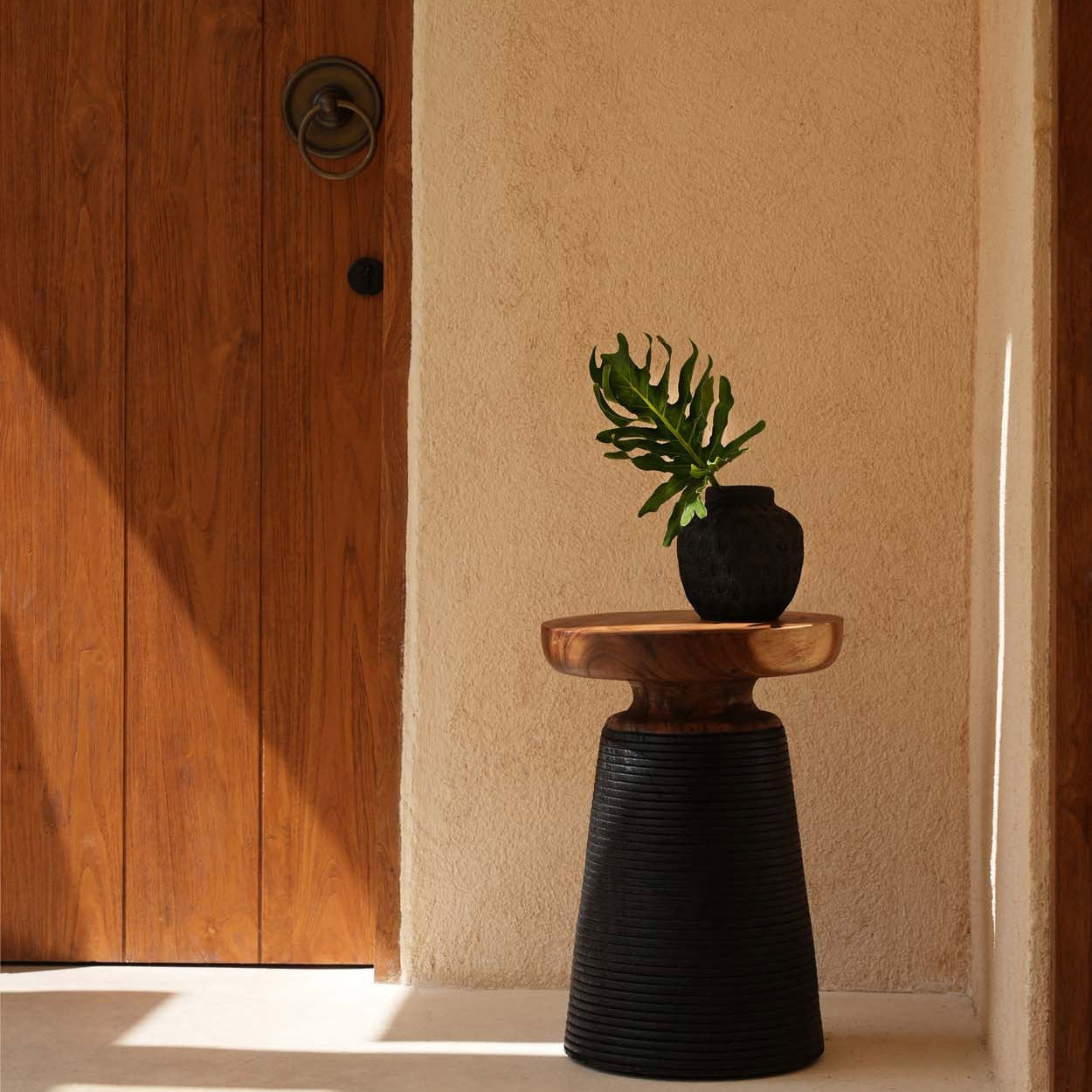 Black side table with a plant against a beige wall and wooden door.