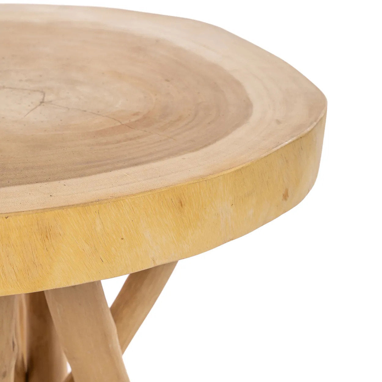 Round top of wooden side table with a natural finish on a white background