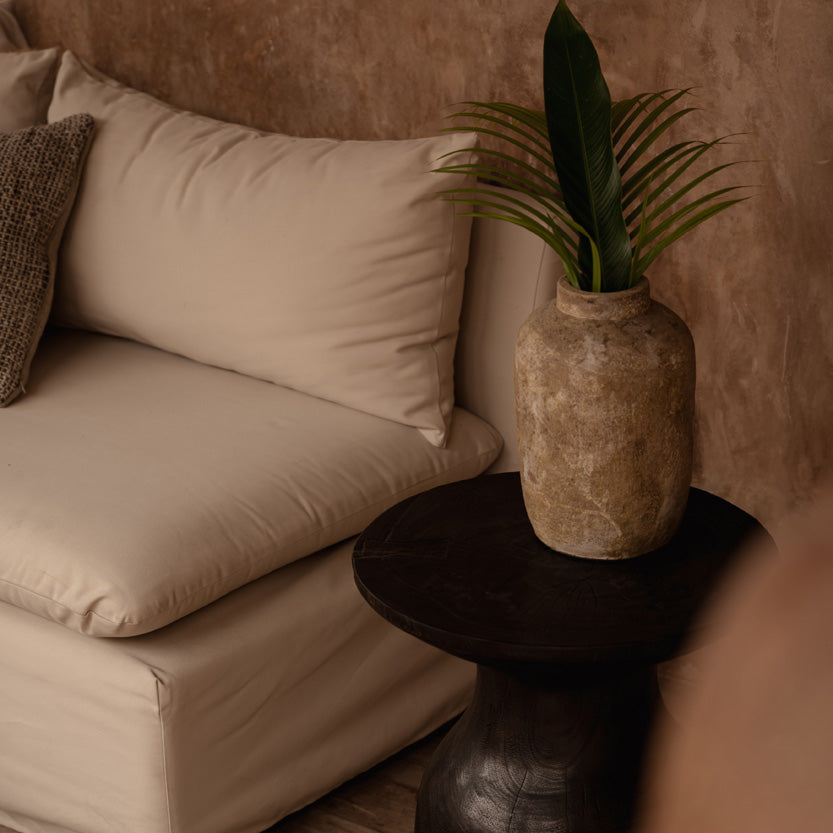 Beige sofa with a plant on a dark wooden side table against a beige wall