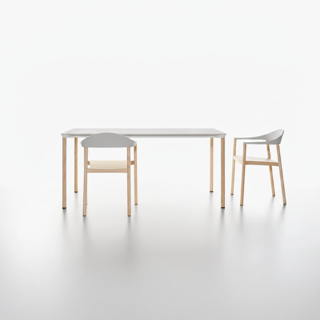 MONZA rectangle table with white HPL table top and ash natural lacquered legs with two chairs on a white background