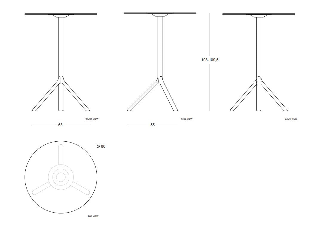 MIURA Table H108 D80 Dimensions
