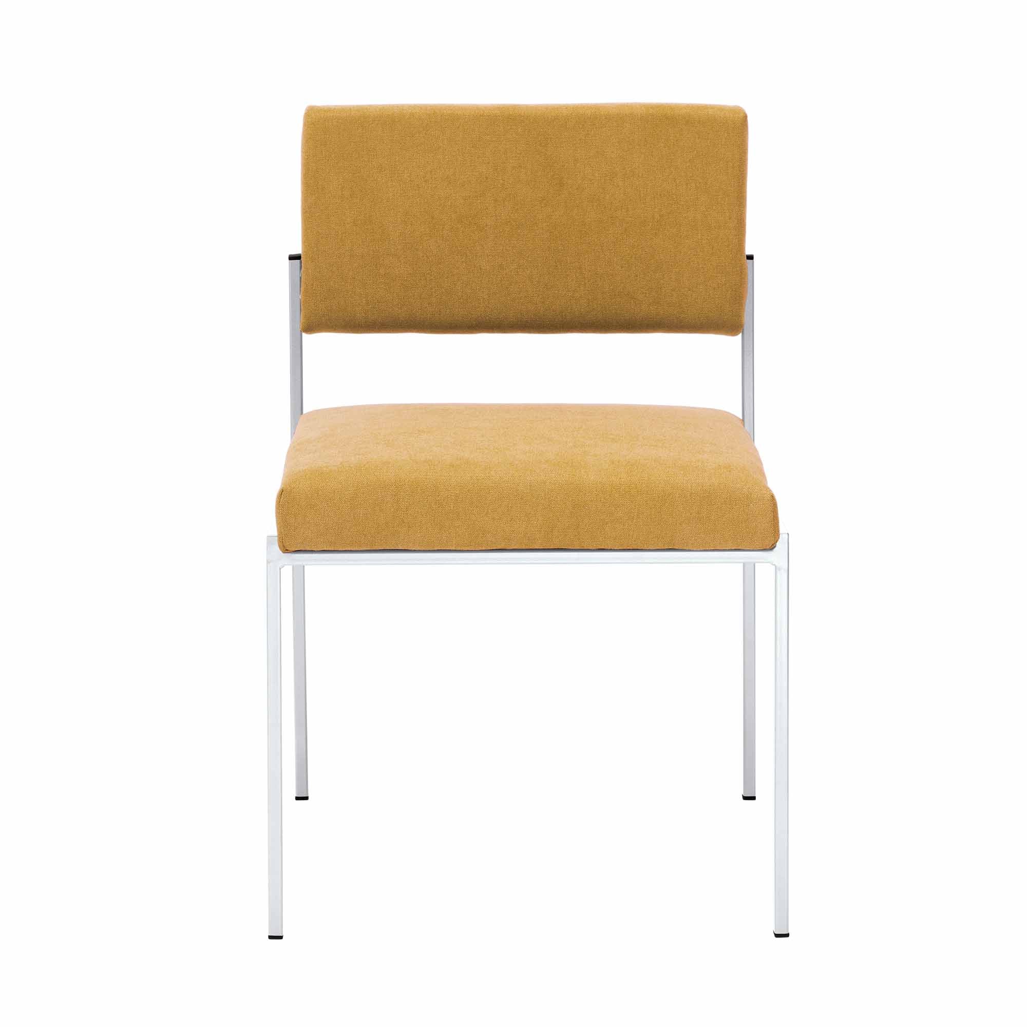  Chair, Powder-Coated Steel Frame, front view yellow fabric, white frame