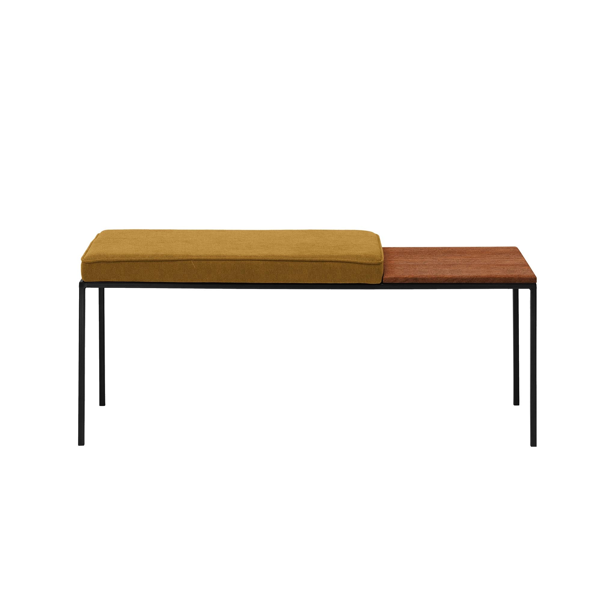 Beech Wood Seat, Walnut Colour yellow fabric, black frame, front view