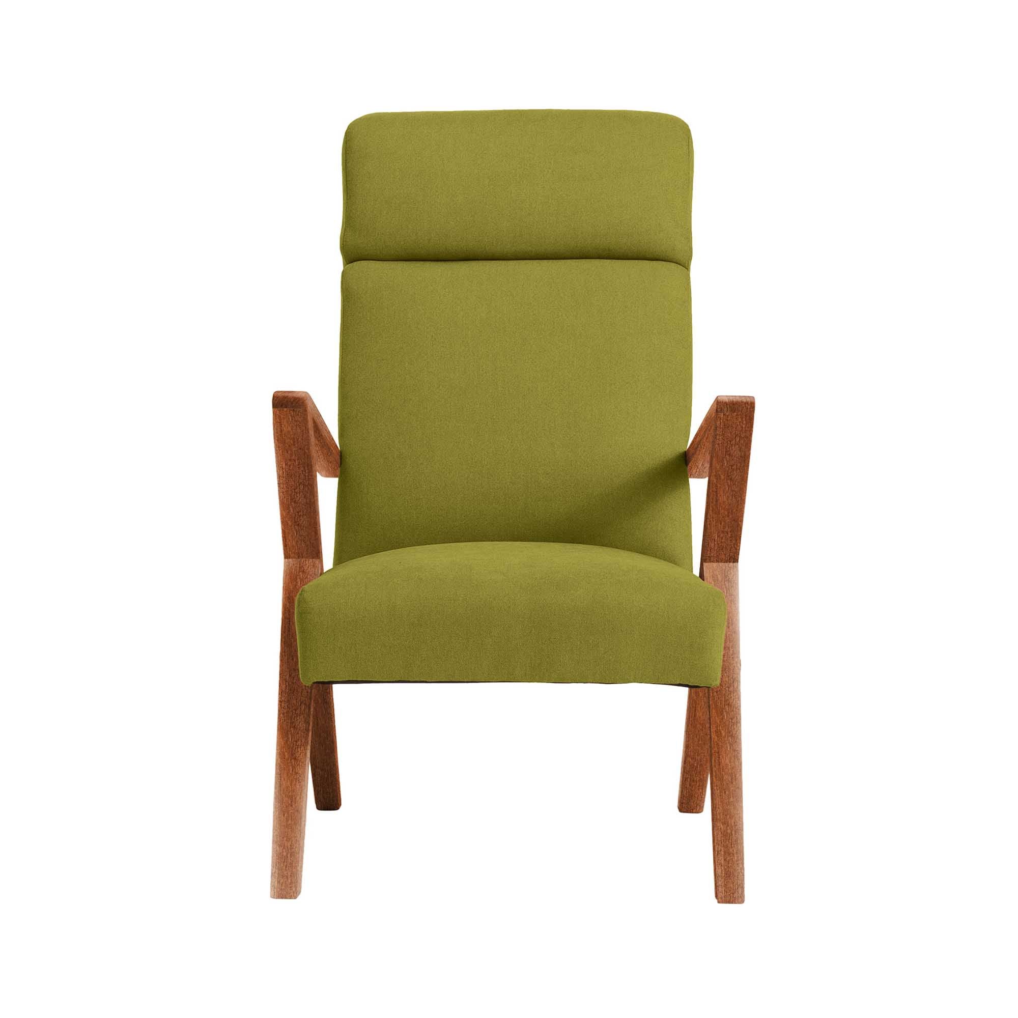 Lounge Chair, Beech Wood Frame, Walnut Colour green fabric, front view