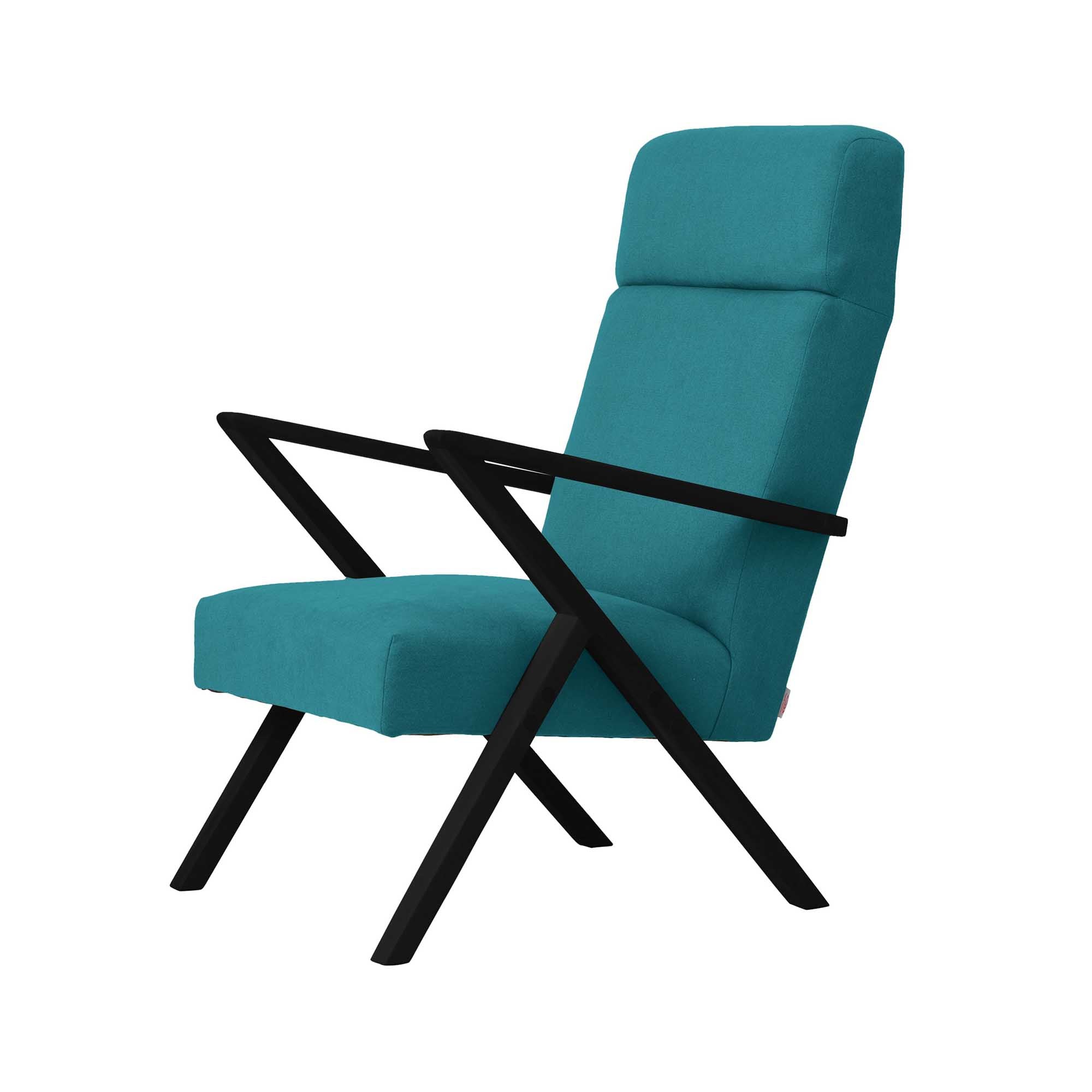 Lounge Chair, Beech Wood Frame, Black Lacquered blue fabric, left side vew