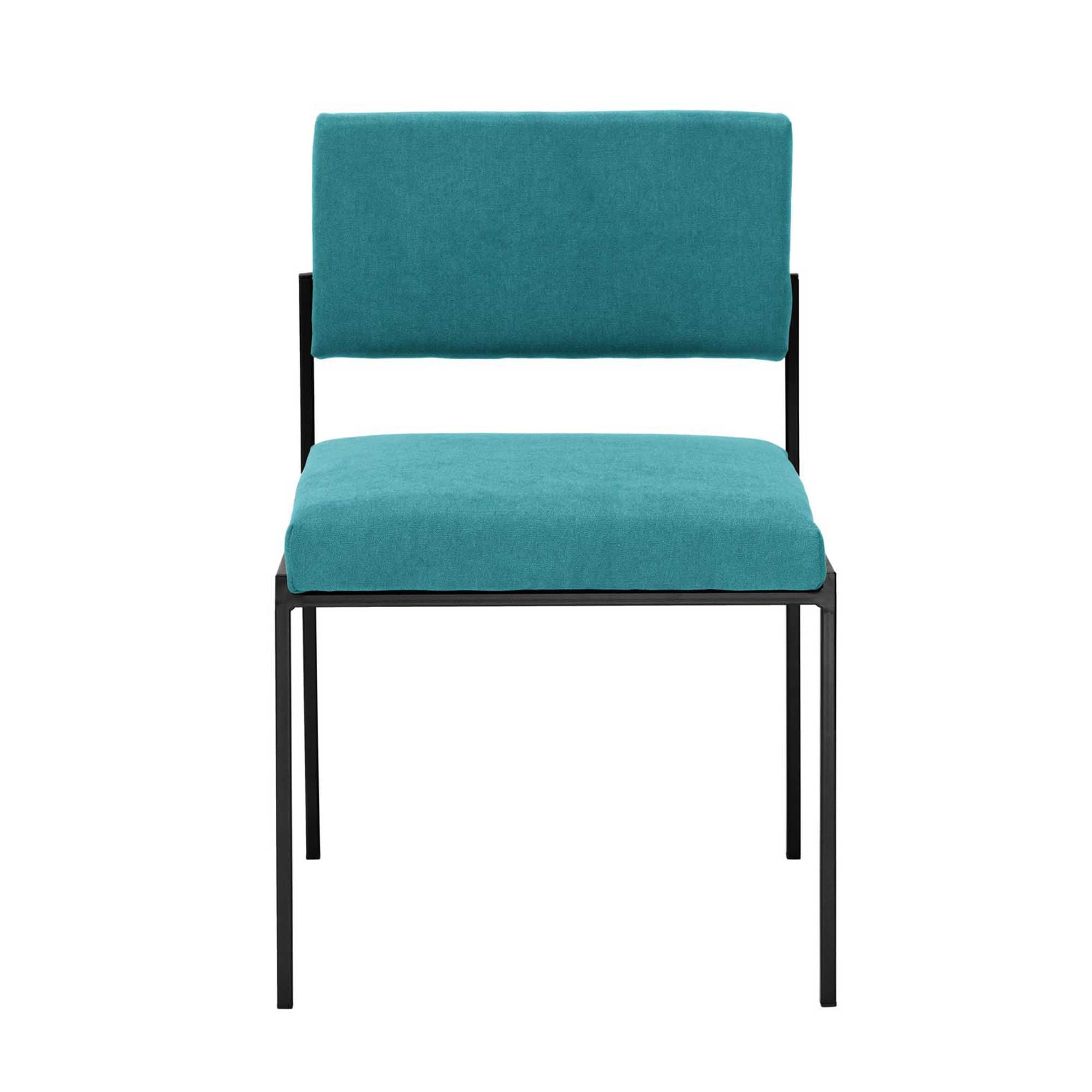 Chair, Powder-Coated Steel Frame, front view blue fabric, black frame