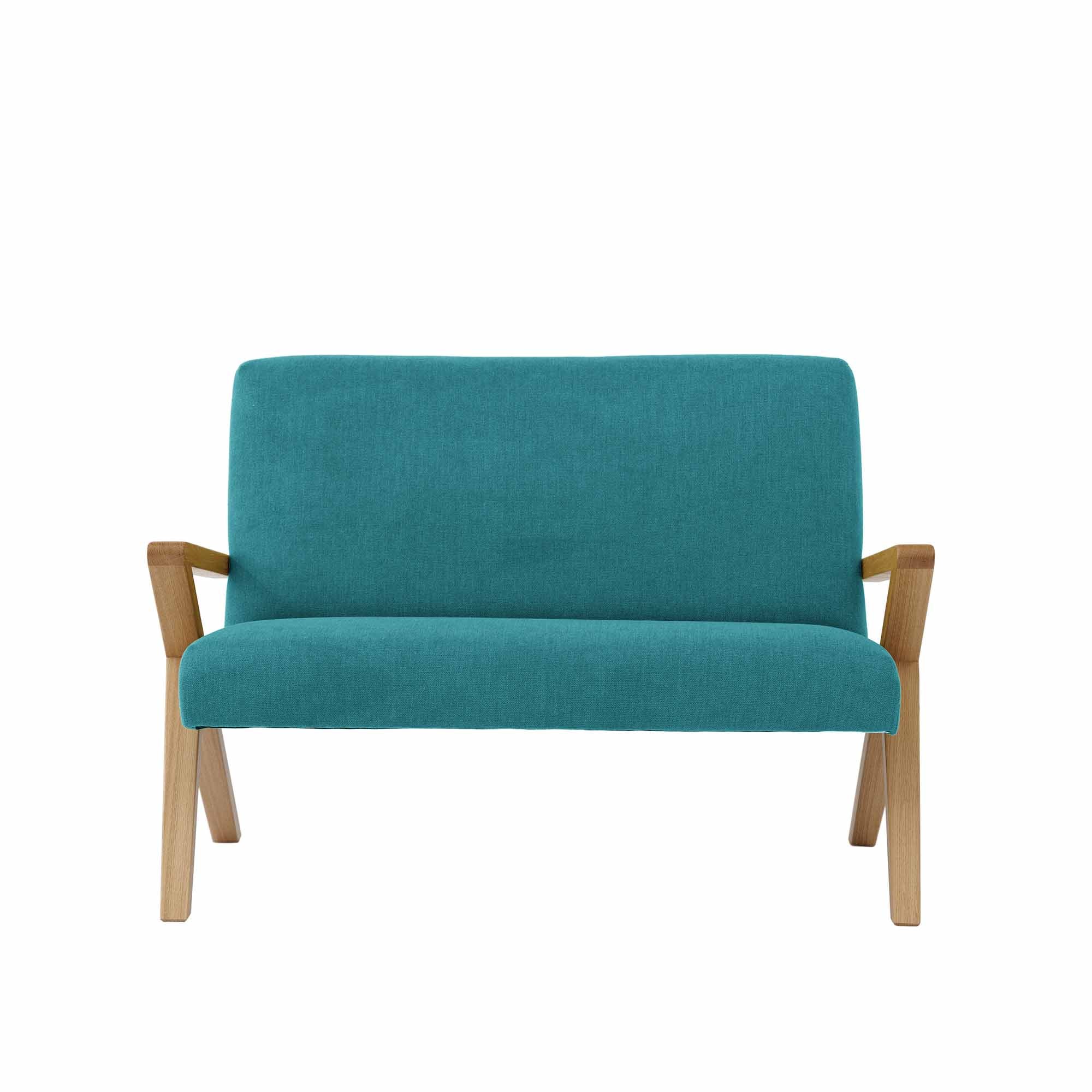KIDS RETROSTAR 2-Seater Sofa, Oak Wood Frame, Natural blue fabric, front view