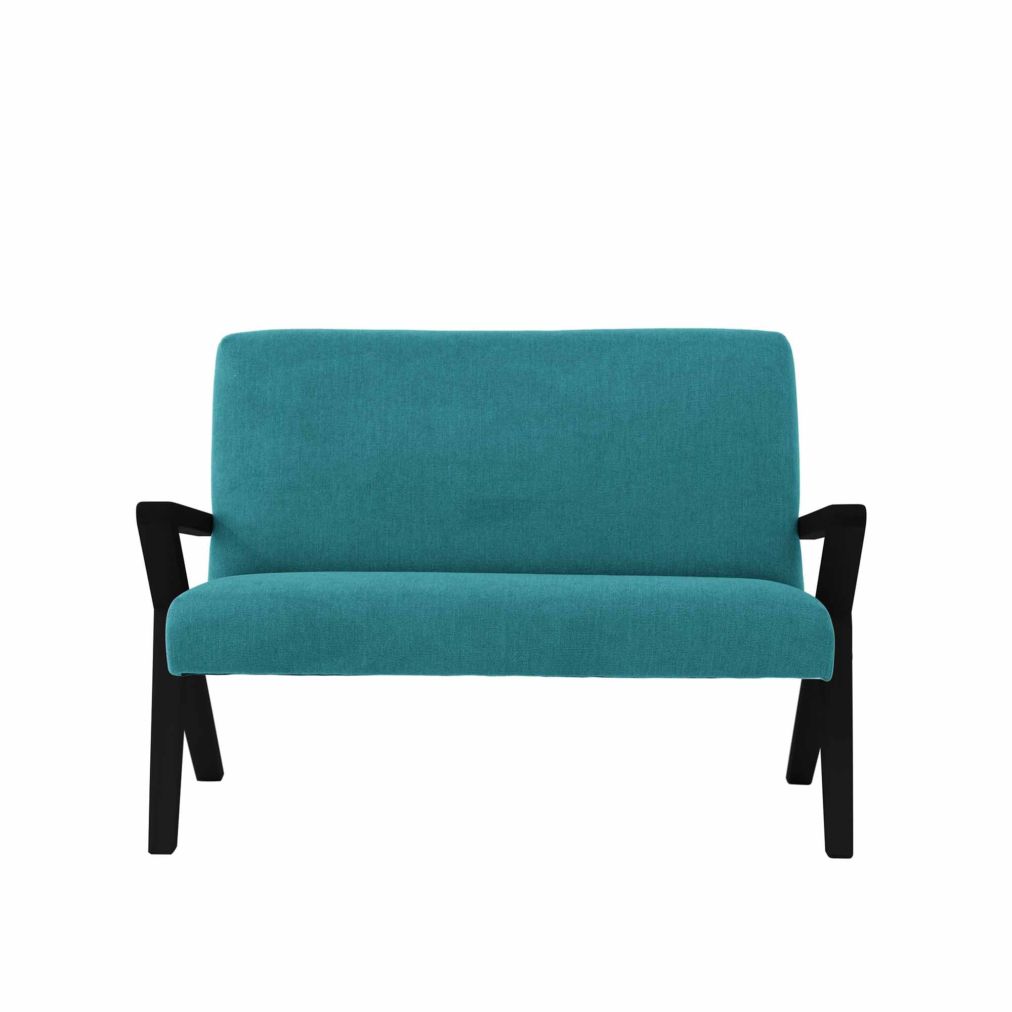  2-Seater Sofa, Beech Wood Frame, Black Lacquered blue fabric, front view