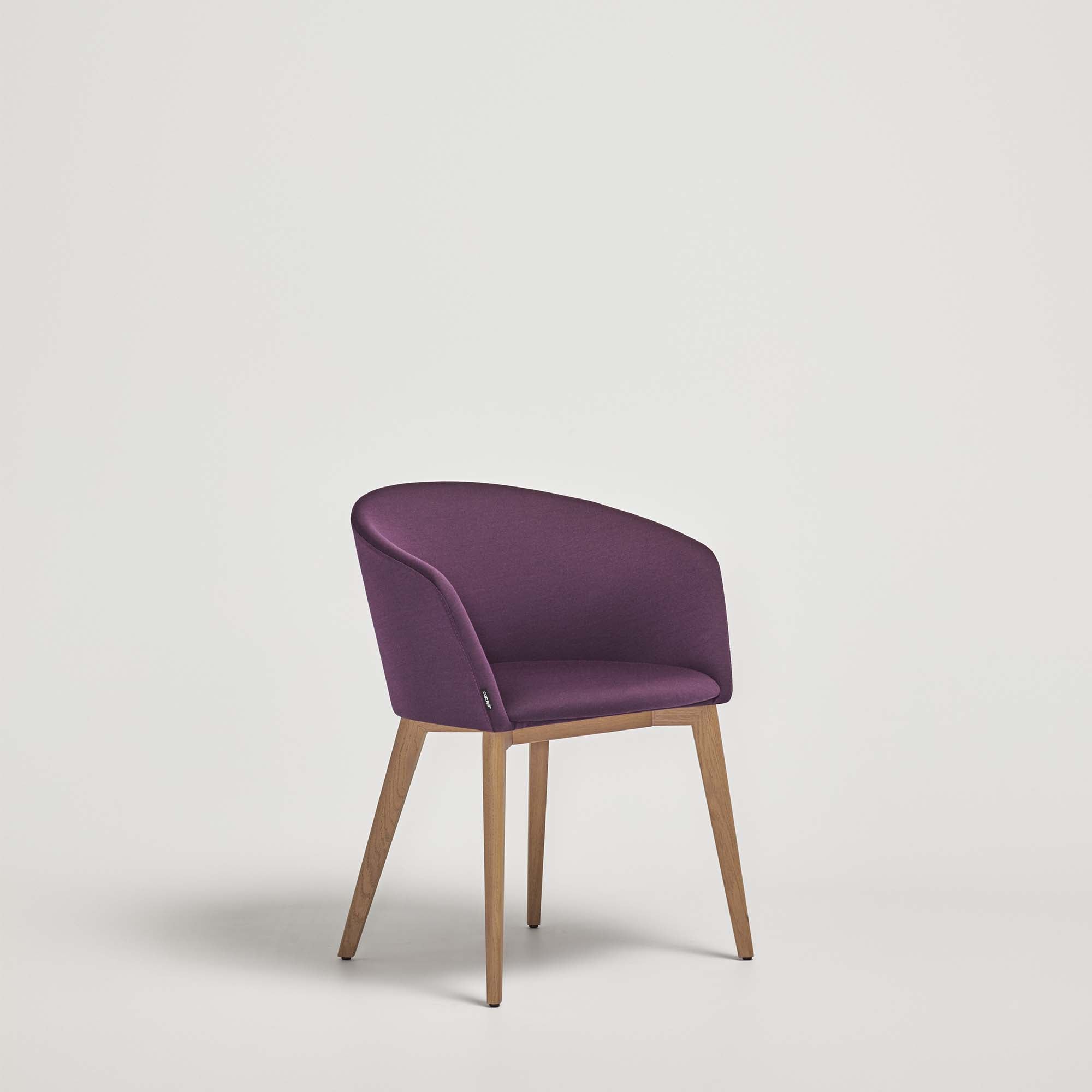 MOON Chair oak wood chair, dark natural colour, purple fabric upholstery half-side view