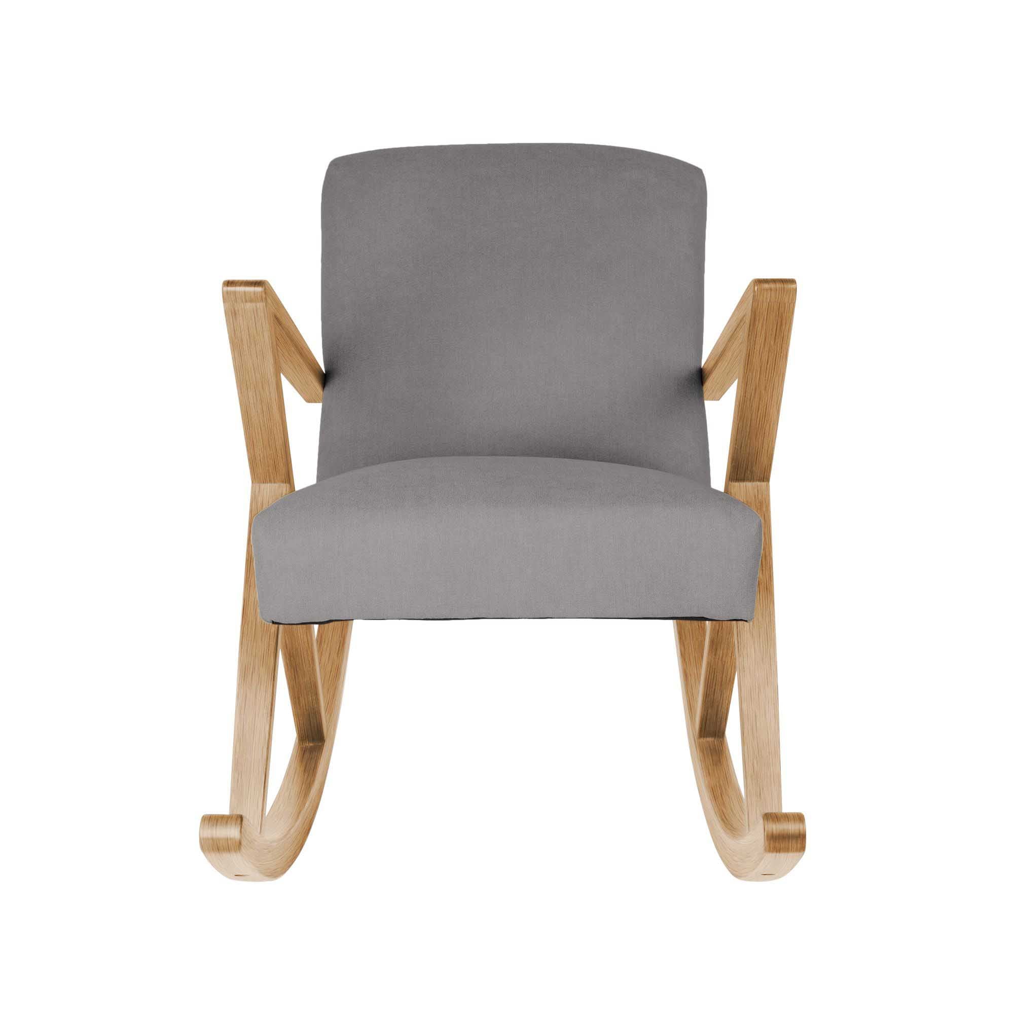 Rocking Chair, Oak Wood Frame, Natural Colour grey fabric, front view
