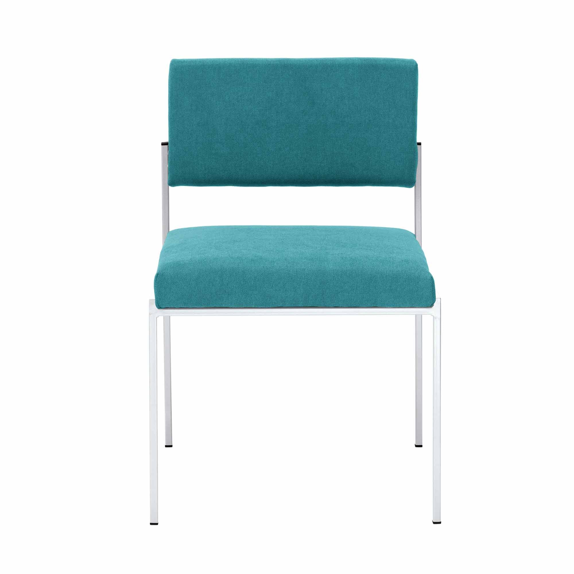  Chair, Powder-Coated Steel Frame, front view blue fabric, white frame