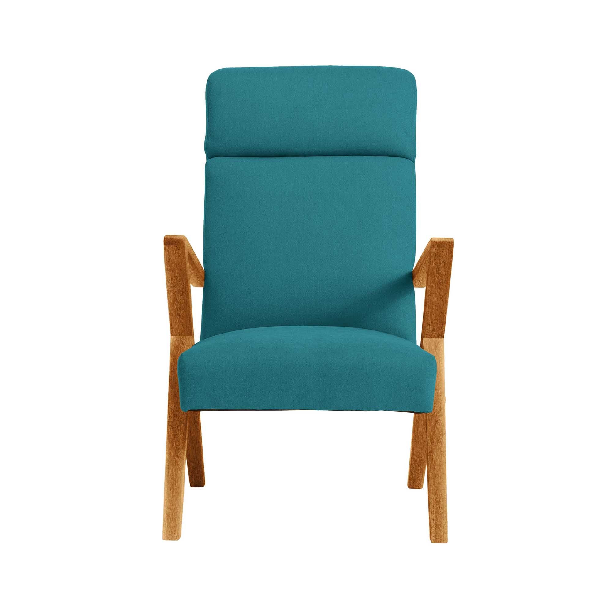 RETROSTAR Lounge Chair, Beech Wood Frame, Oak Colour blue fabric, front view