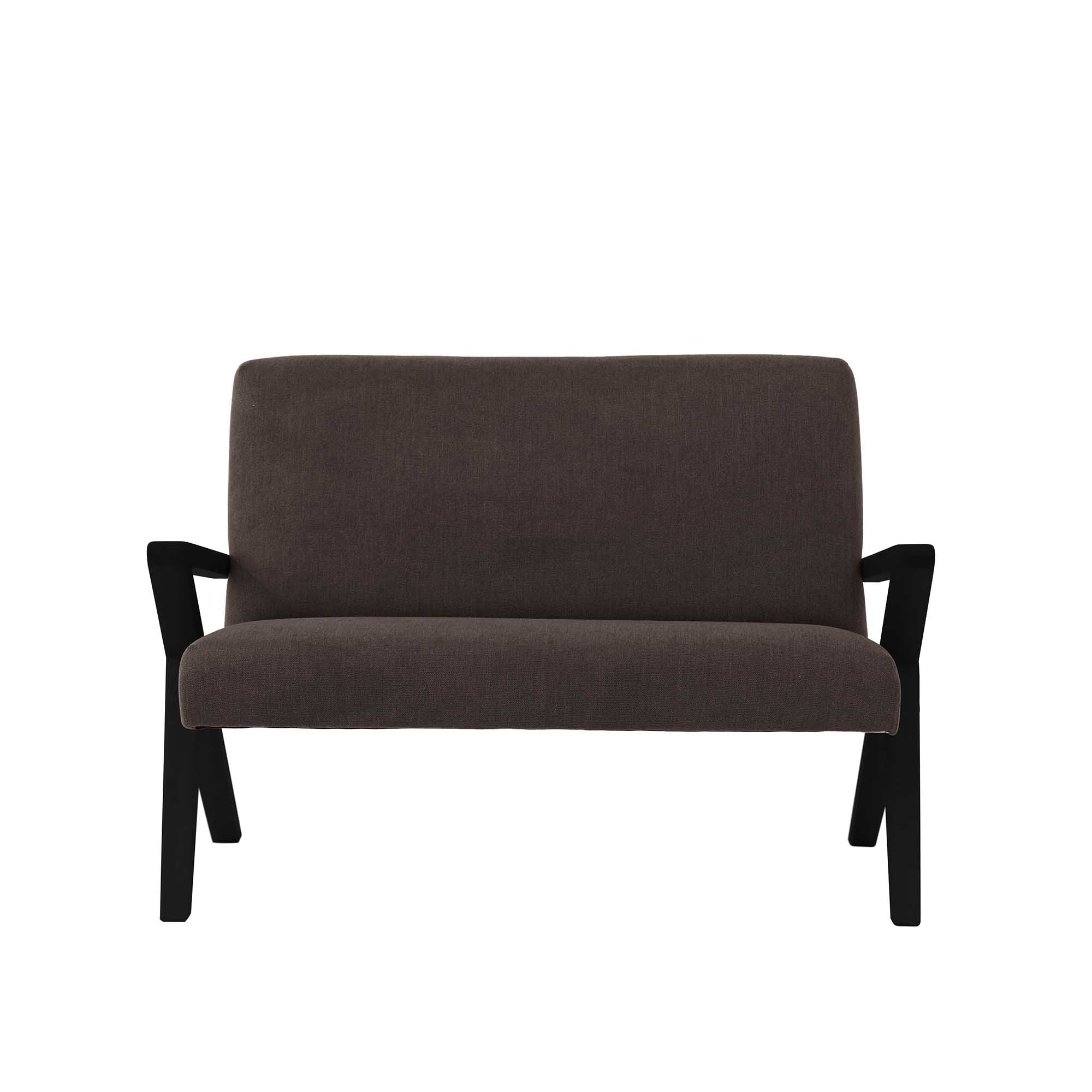  2-Seater Sofa, Beech Wood Frame, Black Lacquered, brown fabric, front view