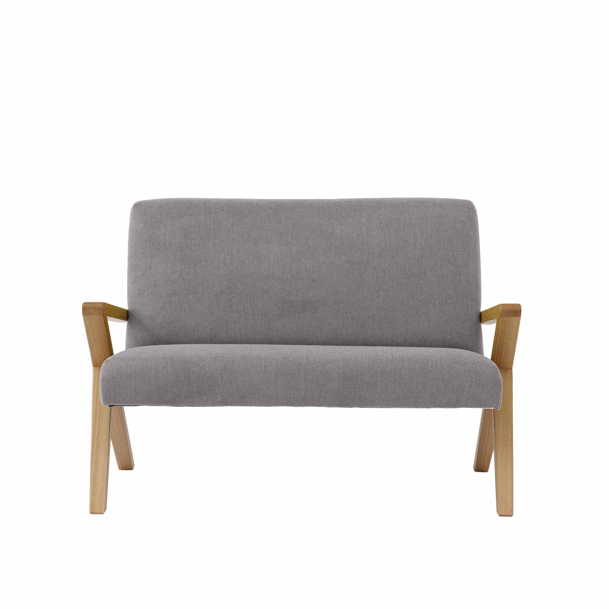 KIDS RETROSTAR 2-Seater Sofa, Oak Wood Frame, Natural grey fabric, front view