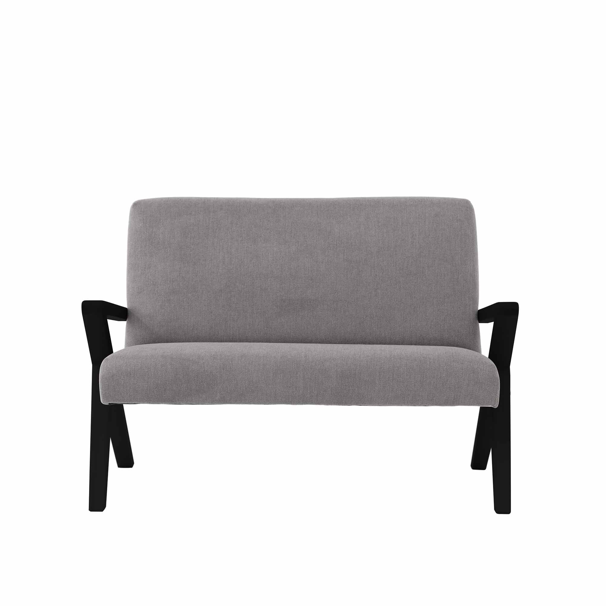  2-Seater Sofa, Beech Wood Frame, Black Lacquered grey fabric, front view