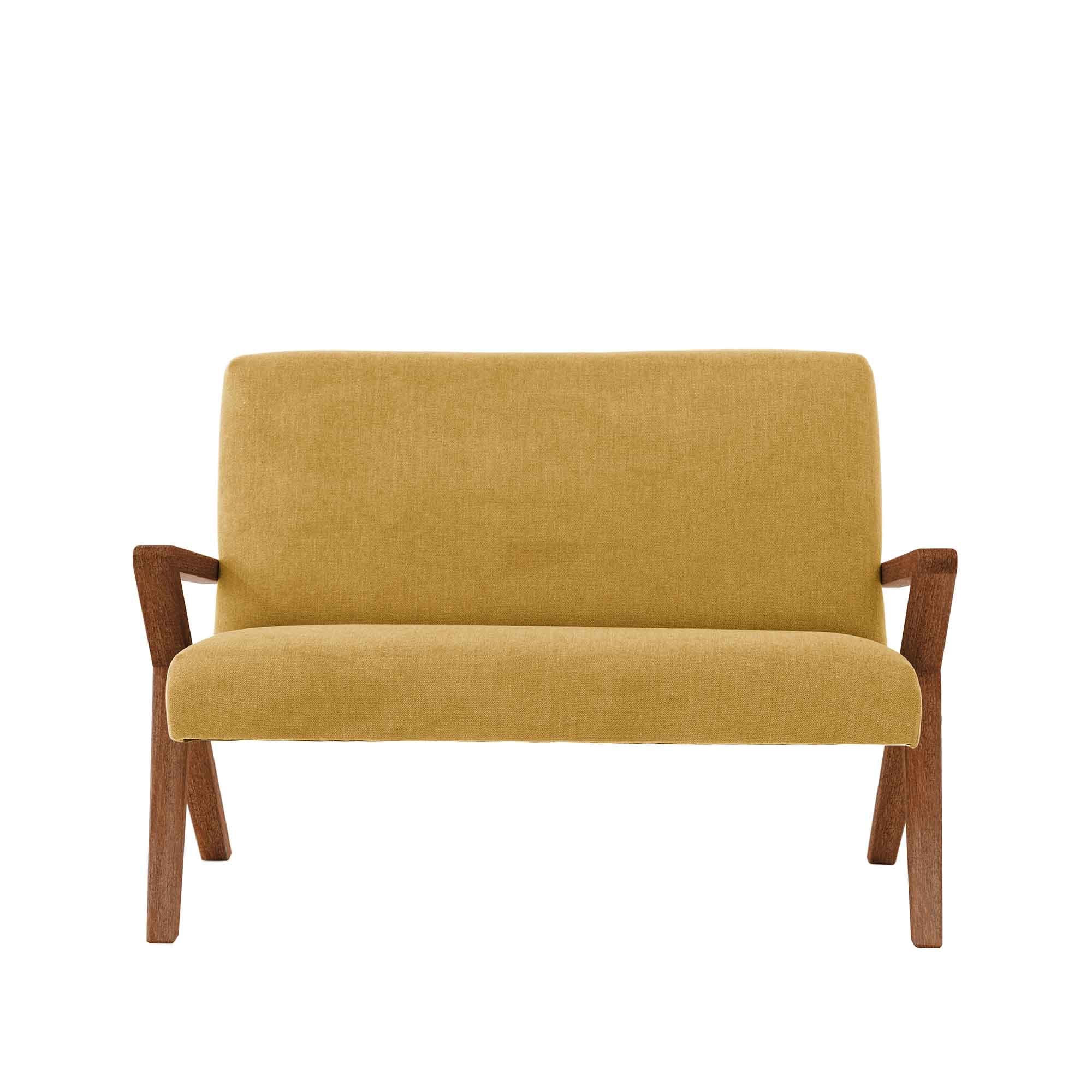  2 Seater Sofa, Beech Wood Frame, Walnut Colour yellow upholstery, front view