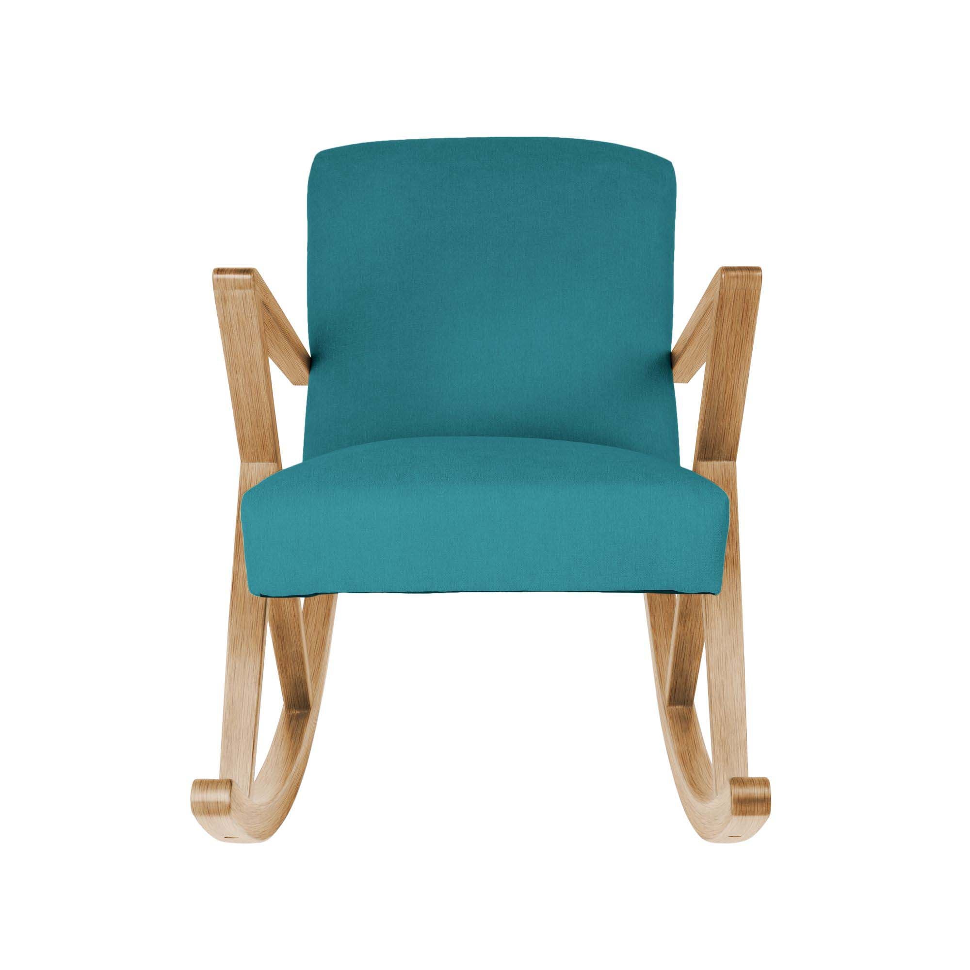 Rocking Chair, Oak Wood Frame, Natural Colour blue fabric, front view